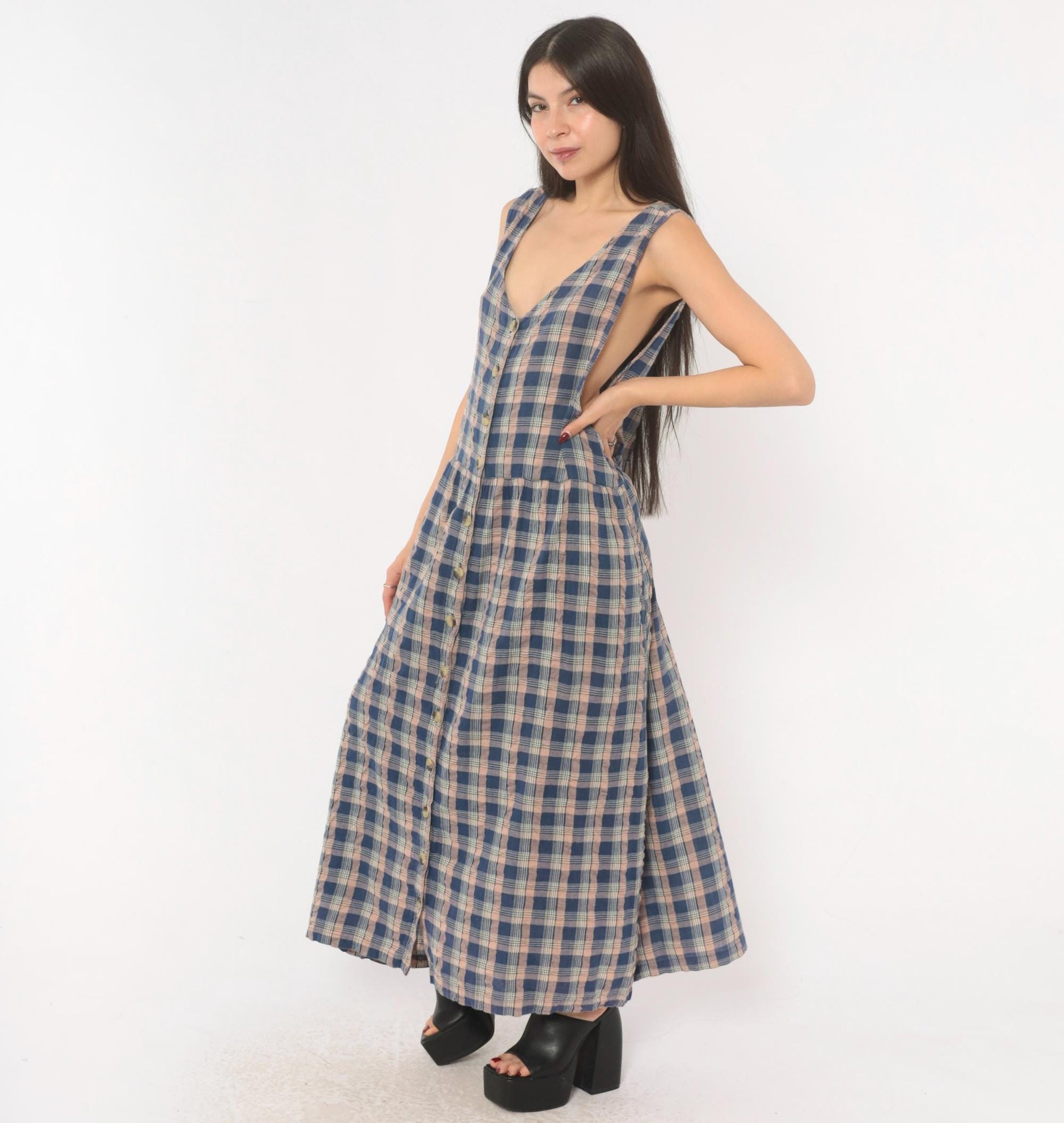 90s Lauren Brooke Plus Plaid Maxi Dress Button Front Cotton Blue Pink 1X