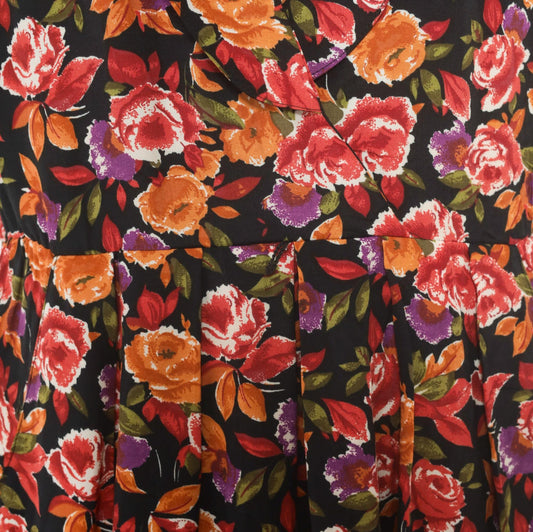 90s R.J. Stevens Floral Wrap Dress Deep V Midi Black Rose Print Large