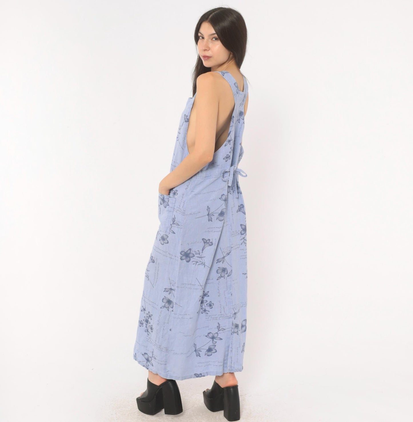 2000s Sweet Jessie Periwinkle Linen Maxi Dress Botanical Print Square Neck Medium M