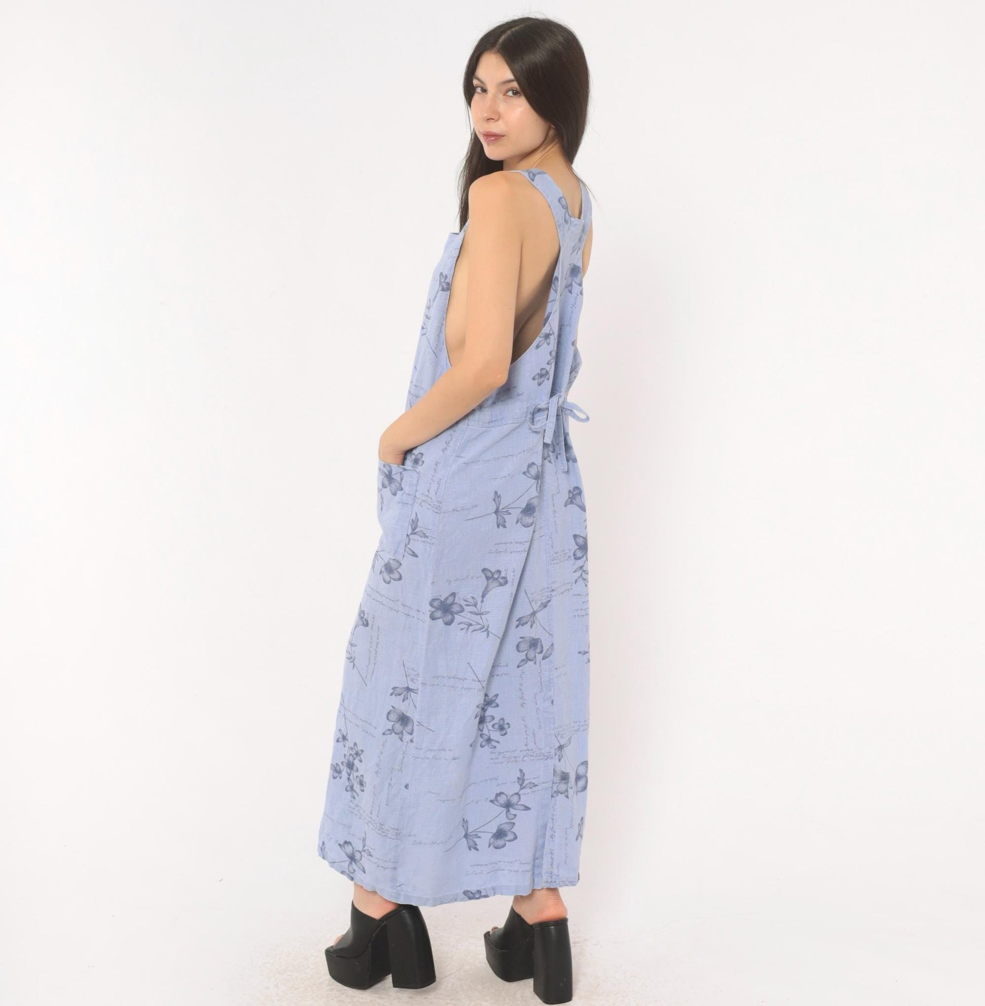 2000s Sweet Jessie Periwinkle Linen Maxi Dress Botanical Print Square Neck Medium M