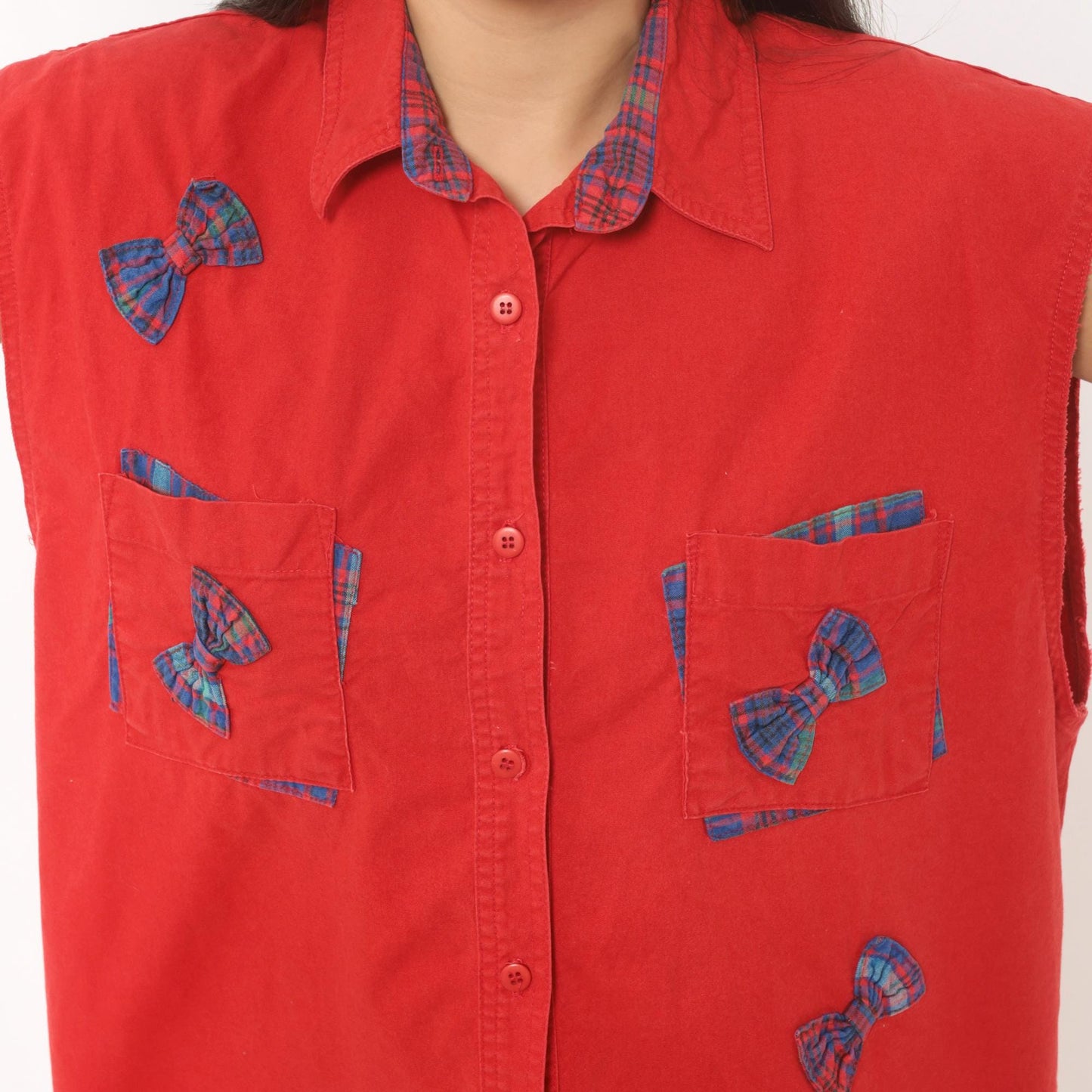 90s Cricket by the Creek Red Plaid Bow Applique Sleeveless Blouse Large L