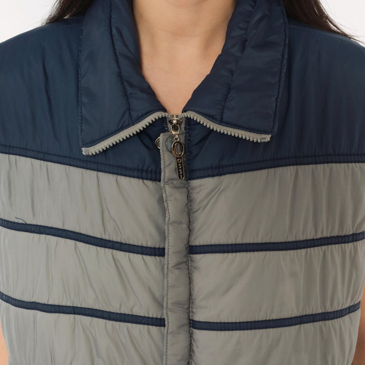 80s Ossi Navy Grey Color Block Puffer Vest Quilted Mens Medium
