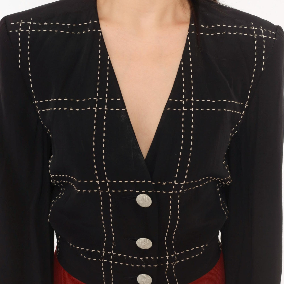 90s Karen Kane Cropped Blazer Black White Grid Stitch V-Neck Extra Small XS