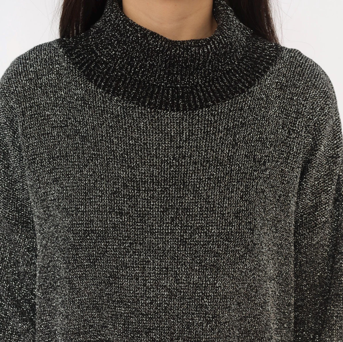 80s Black Silver Lurex Knit Mini Dress Cowl Turtleneck Balloon Sleeve Medium