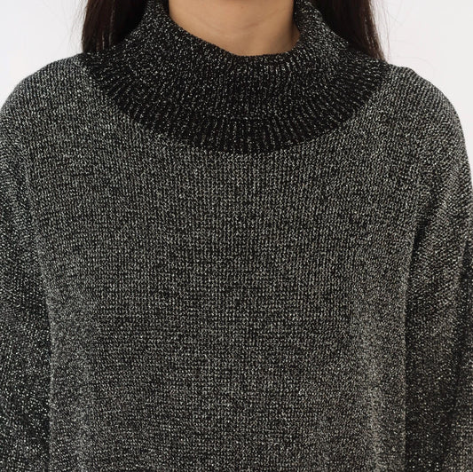 80s Black Silver Lurex Knit Mini Dress Cowl Turtleneck Balloon Sleeve Medium