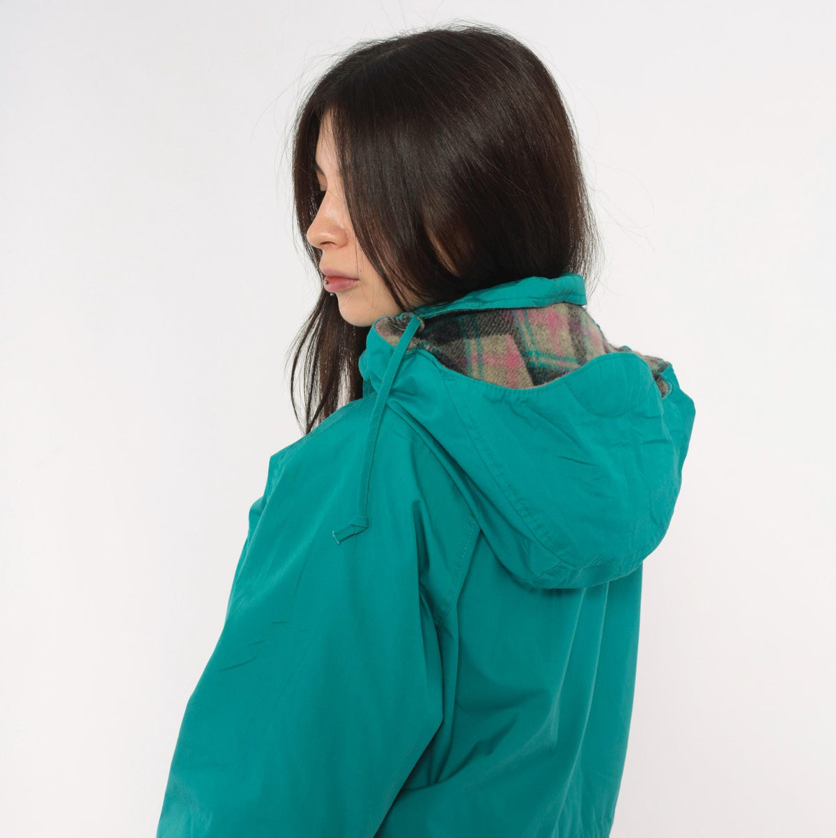 80s Woolrich Teal Hooded Parka Plaid Lined Windbreaker Small