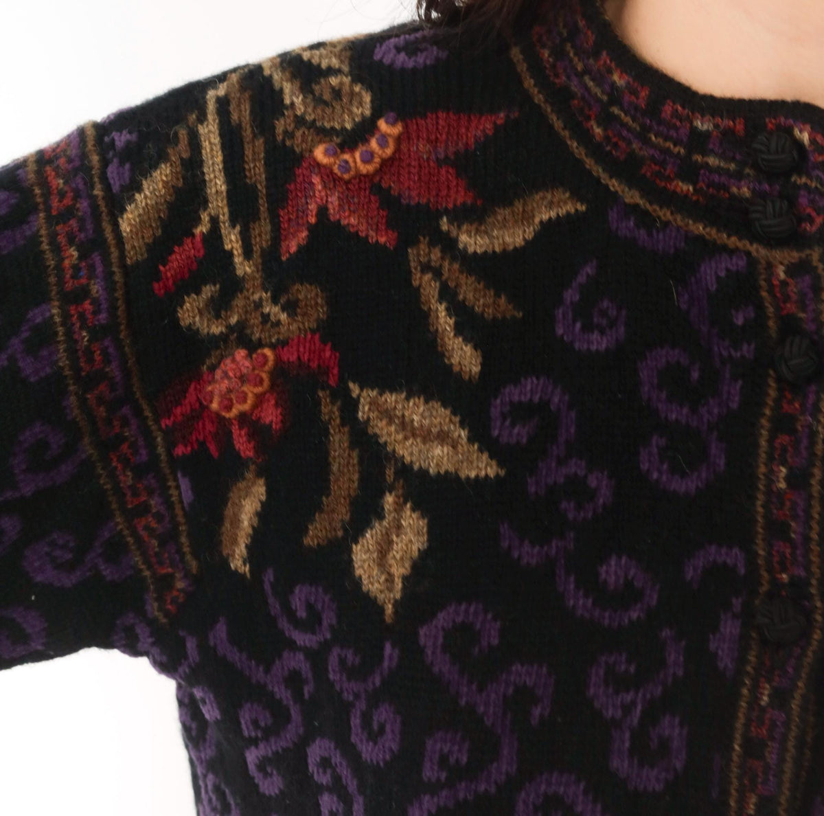 80s Icelandic Design Wool Cardigan Black Purple Floral Jacquard Small