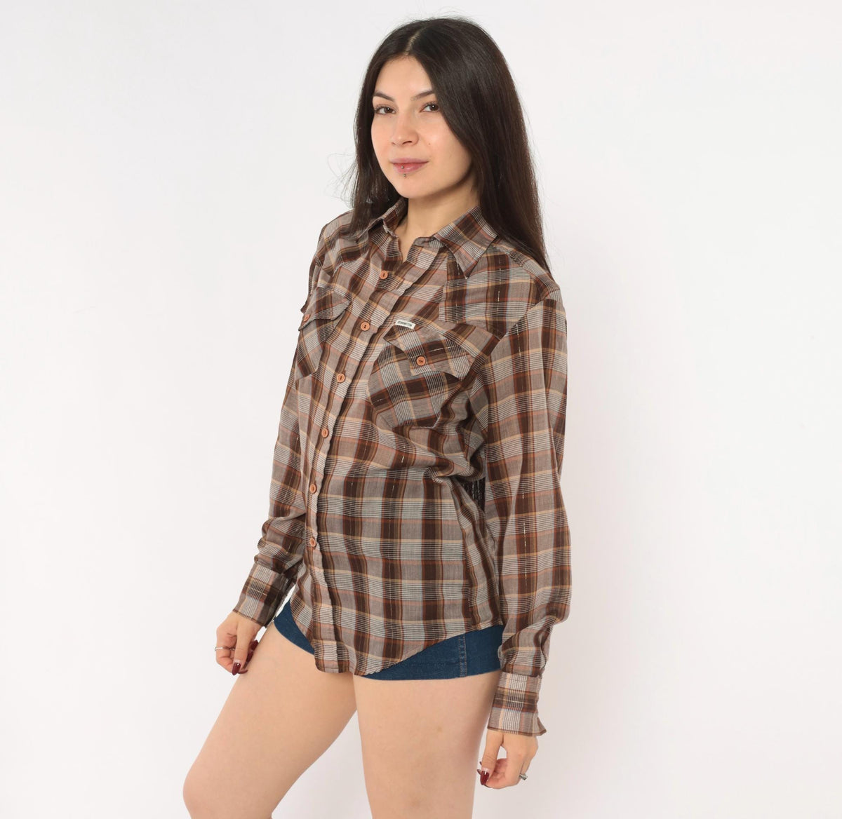 70s Kennington Plaid Button-Up Shirt Brown Tan Western Yoke Small