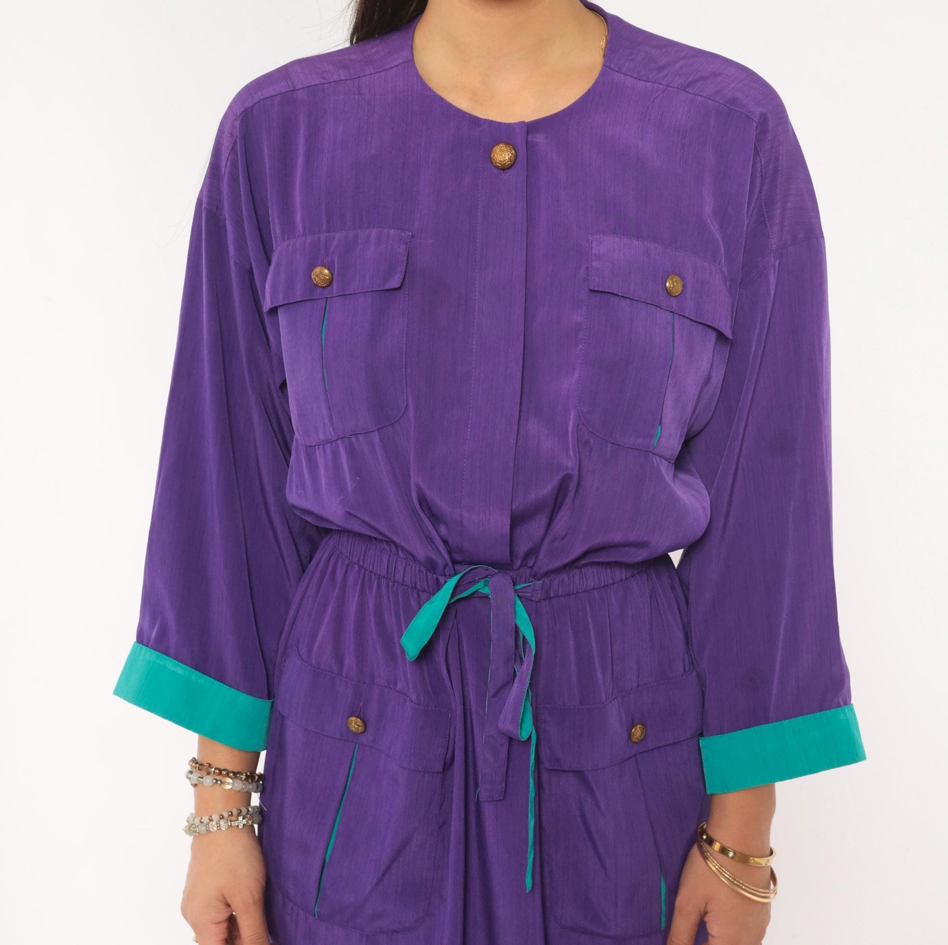 80s Leslie Fay Purple Safari Dress Knee-Length Utility Pockets Teal Trim Medium