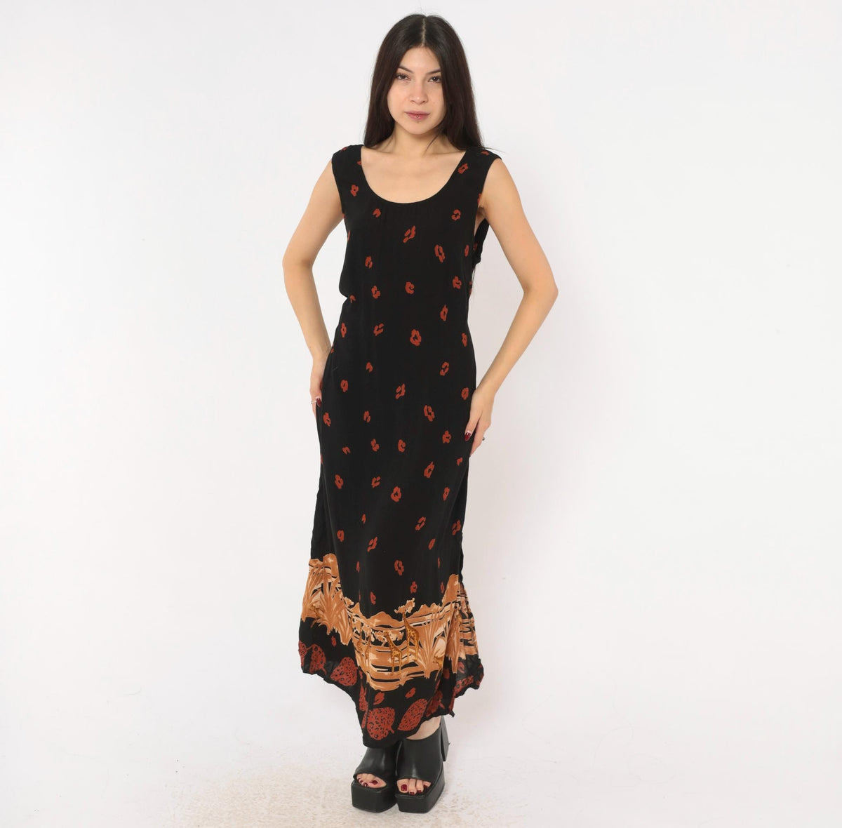 90s K Woman Safari Giraffe Maxi Dress Black Animal Print Tie Back Plus Size 1X