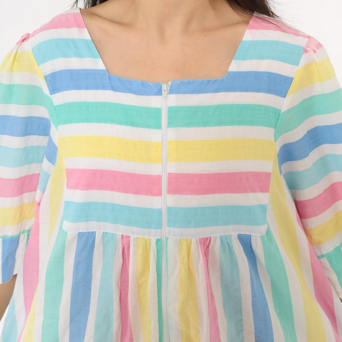 80s Saybury Pastel Striped Maxi Dress Square Neck Empire Waist Extra Large