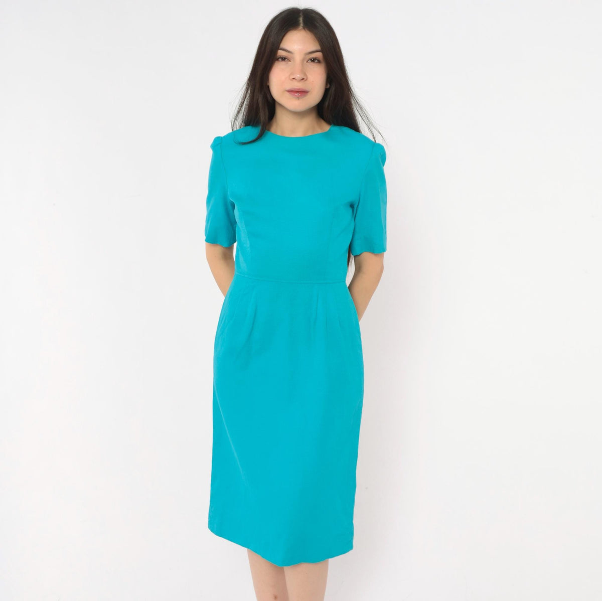 60s Teal Sheath Dress Puff Sleeve Back Zipper Knee Length Extra Small