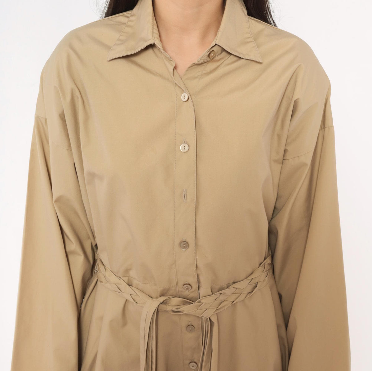 80s Tan Shirt Dress Braided Belt Pointed Collar A-Line Knee Length Large