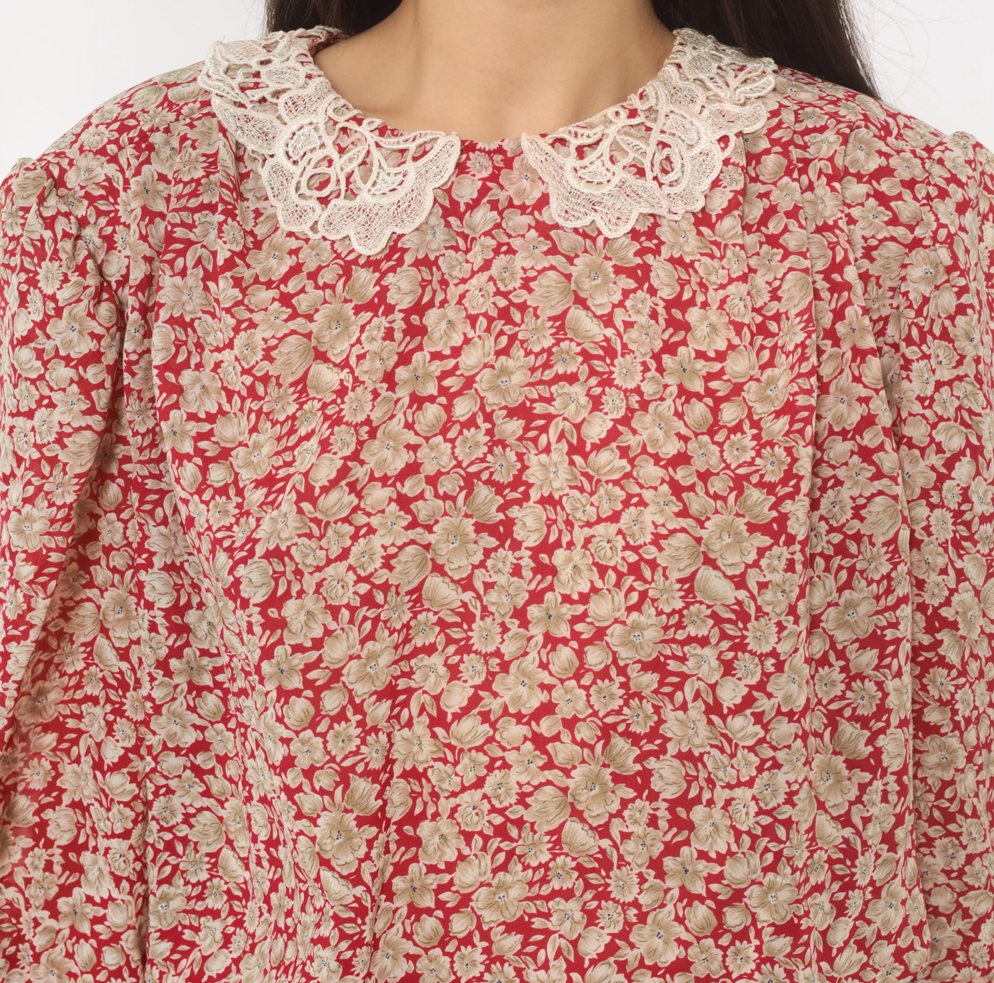 90s Breli Originals Floral Midi Dress Red Cream Lace Collar Puff Sleeve Medium Large