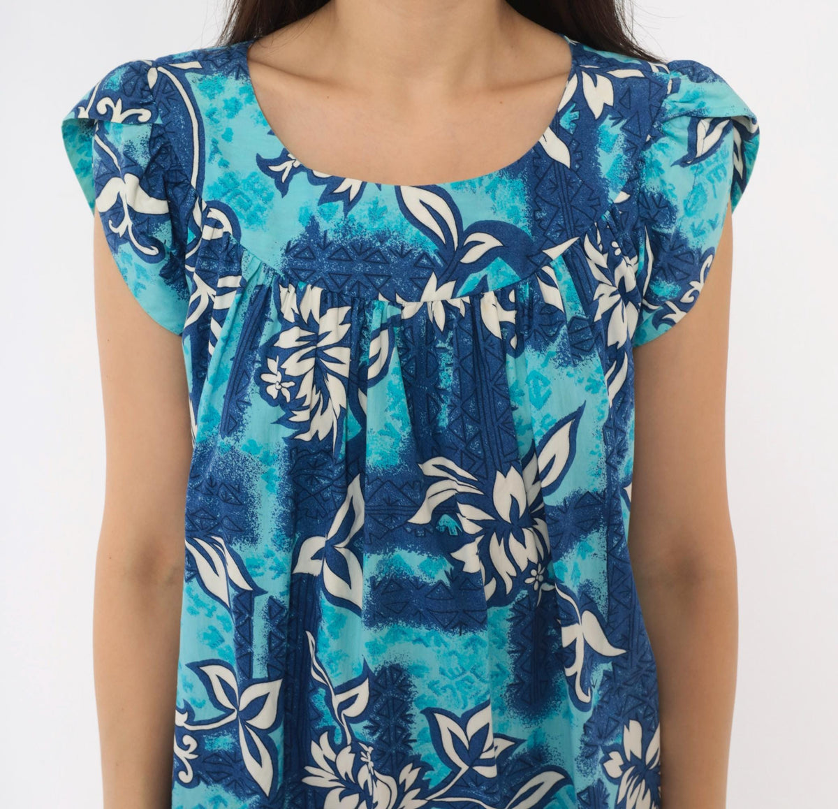80s Made In Hawaii Muumuu Dress Blue Floral Cotton Knee-Length Medium