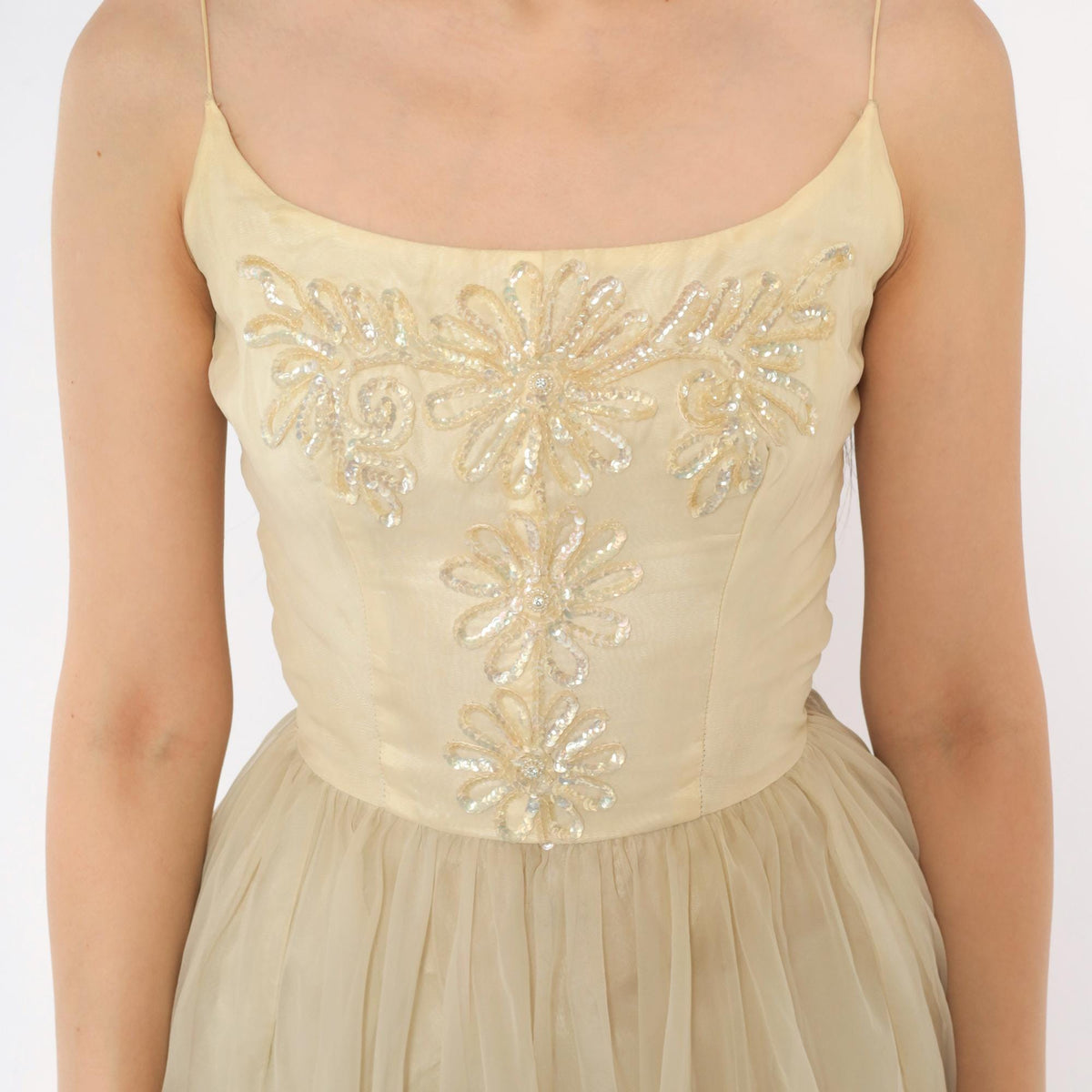 1950s Cream Sequin Floral Party Dress Full Skirt Chiffon Extra Small XS