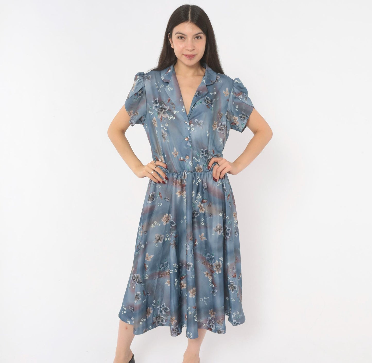 70s Slate Blue Floral Midi Shirtdress Puff Sleeve Notched Collar Large
