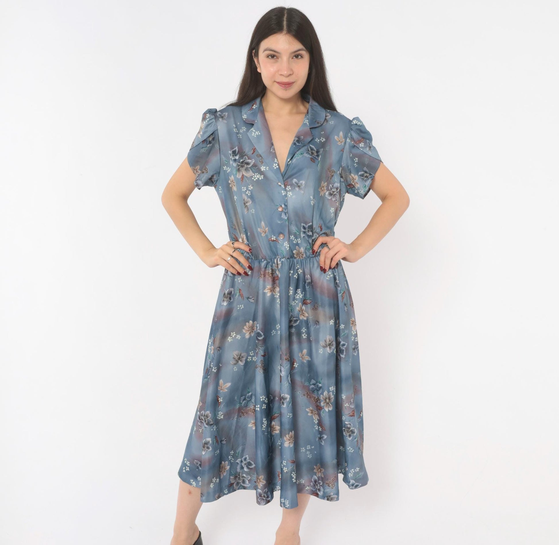 70s Slate Blue Floral Midi Shirtdress Puff Sleeve Notched Collar Large
