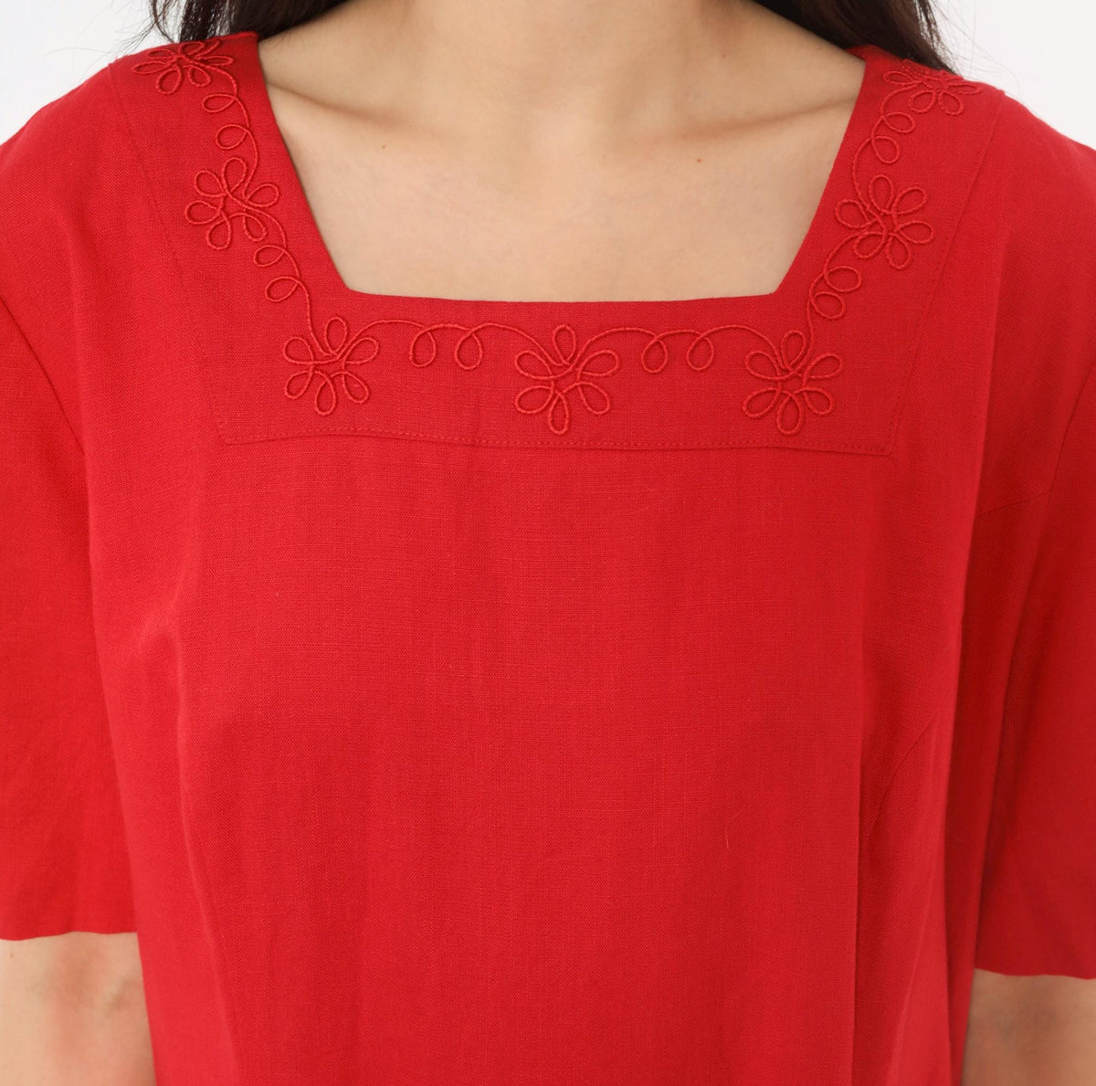 80s Lanz Originals Red Shift Dress Square Neck Soutache Embroidery Large L