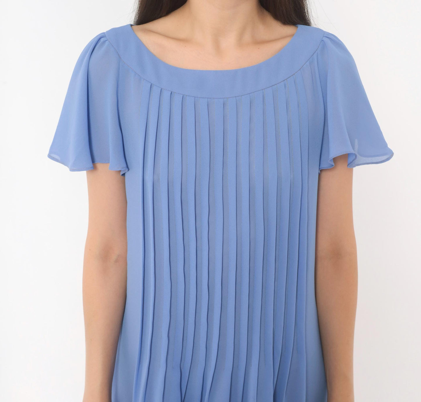 80s David Morris Periwinkle Pintuck Midi Dress Flutter Sleeve Small