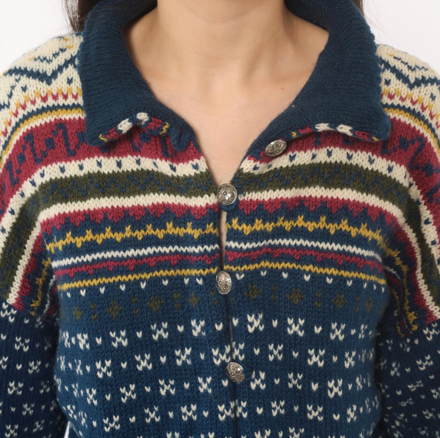 90s Husfliden Norwegian Fair Isle Wool Cardigan Navy Cream Burgundy Medium M