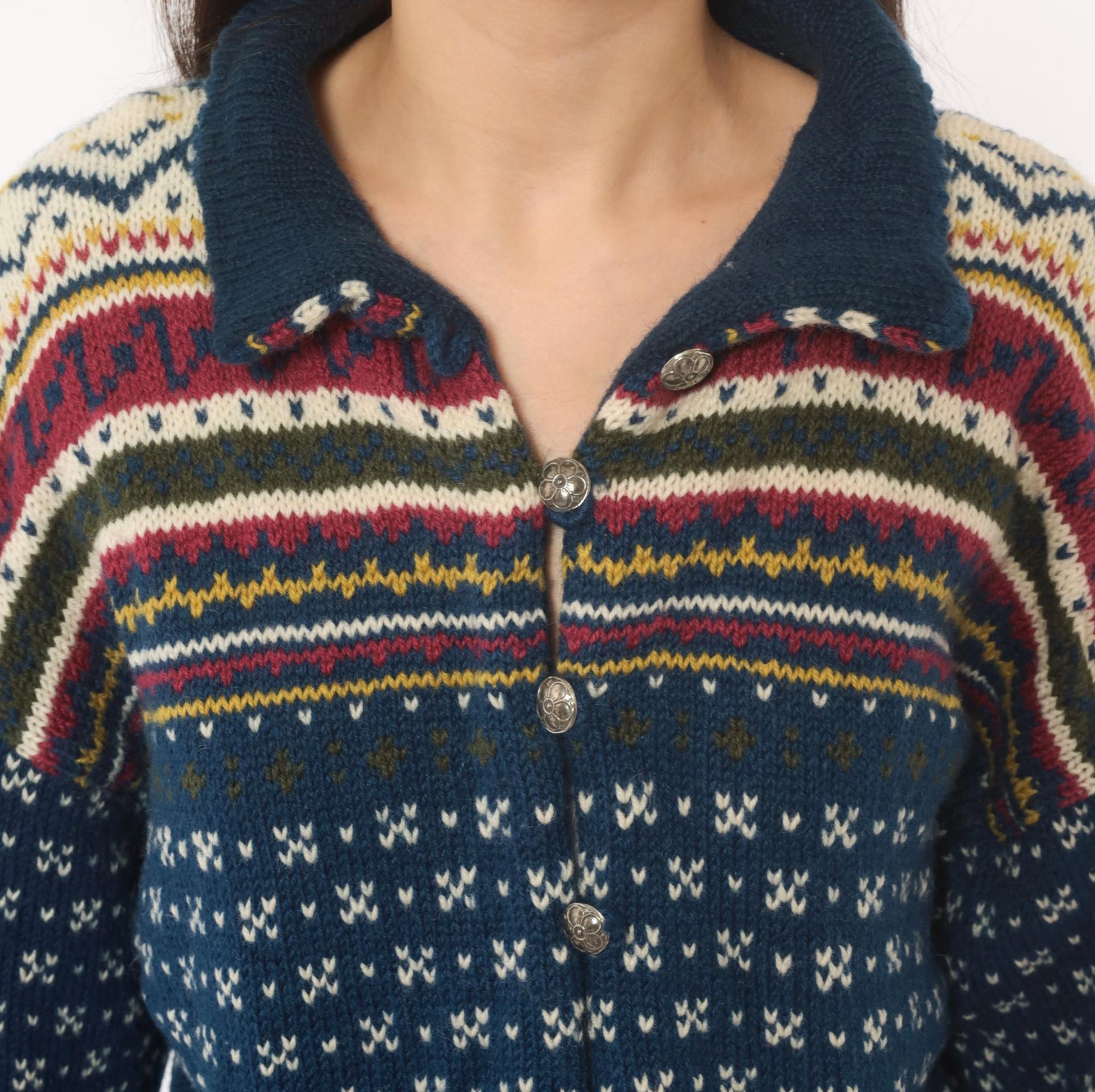 90s Husfliden Norwegian Fair Isle Wool Cardigan Navy Cream Burgundy Medium M