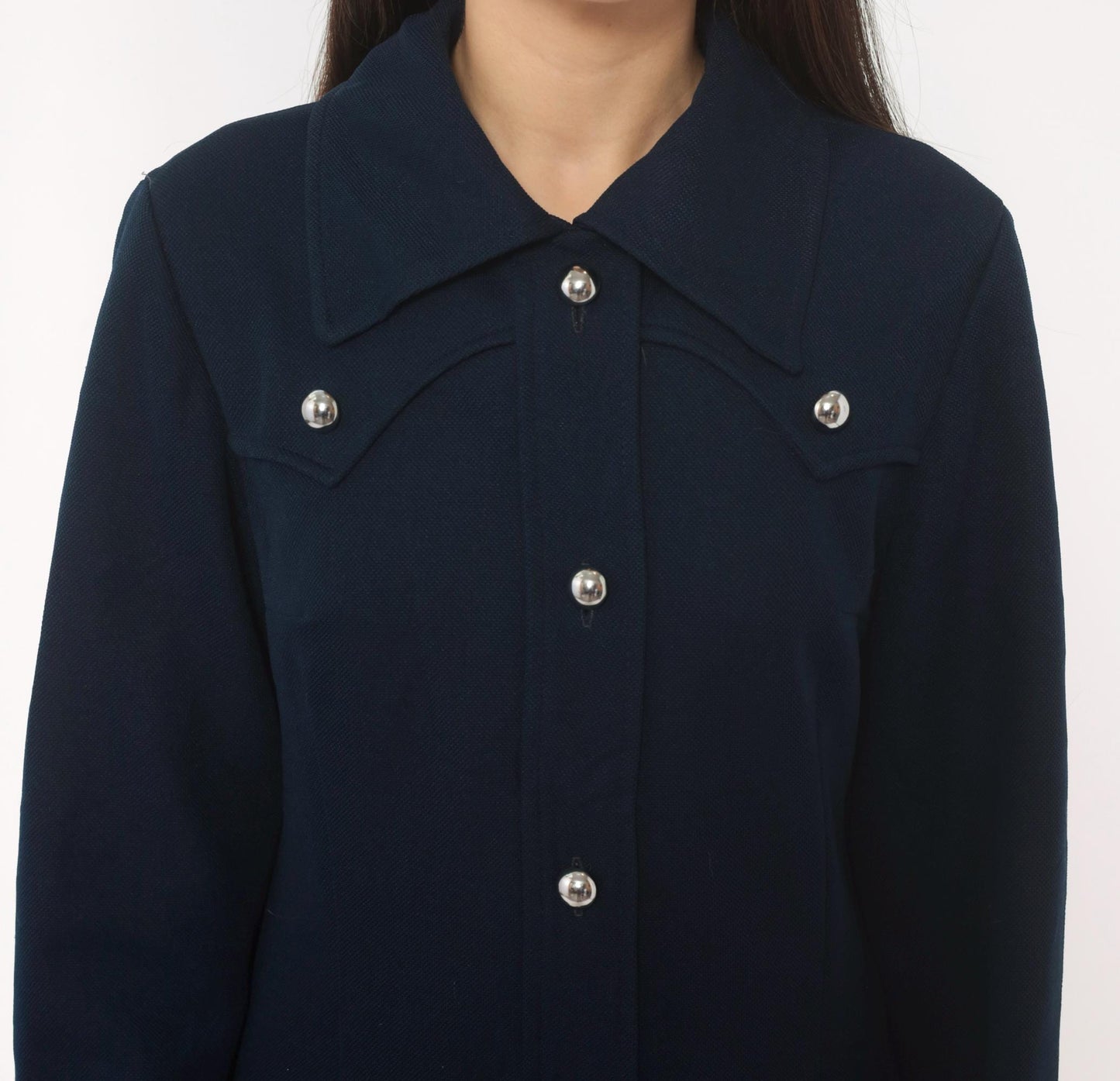 70s R & K Originals Navy Coat Dress Western Yoke Silver Buttons Medium