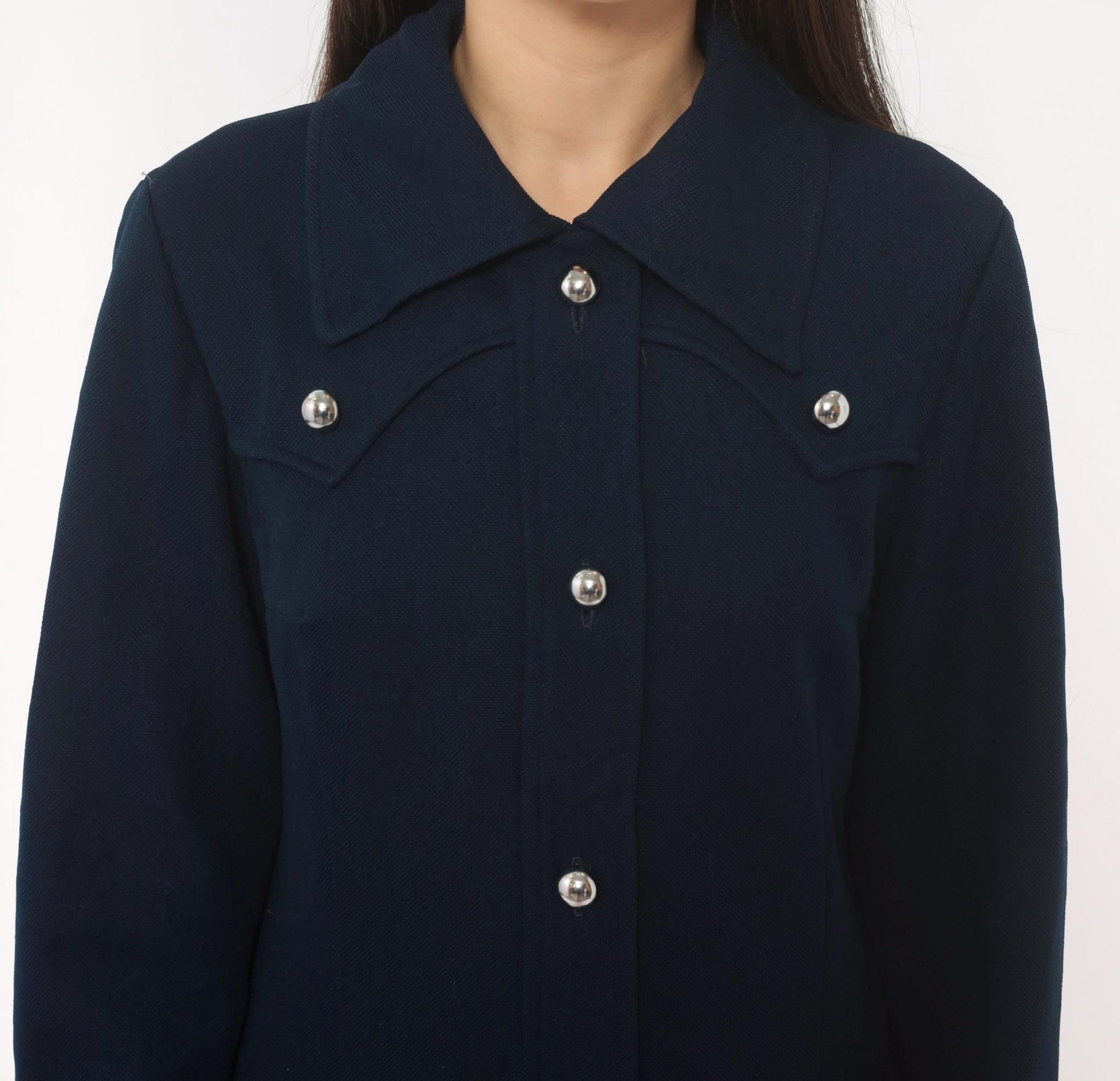 70s R & K Originals Navy Coat Dress Western Yoke Silver Buttons Medium