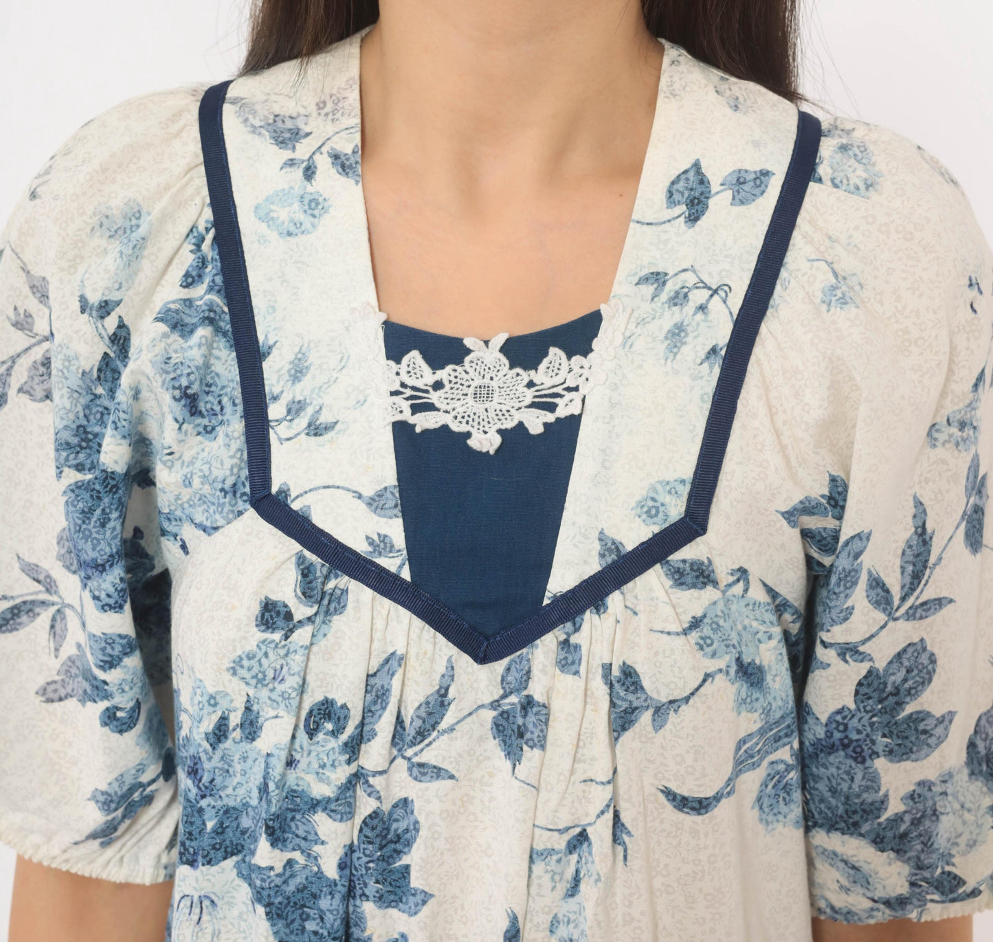 80s Liberty House Blue Floral Toile Cotton Dress V-Neck Puff Sleeve Extra Small XS