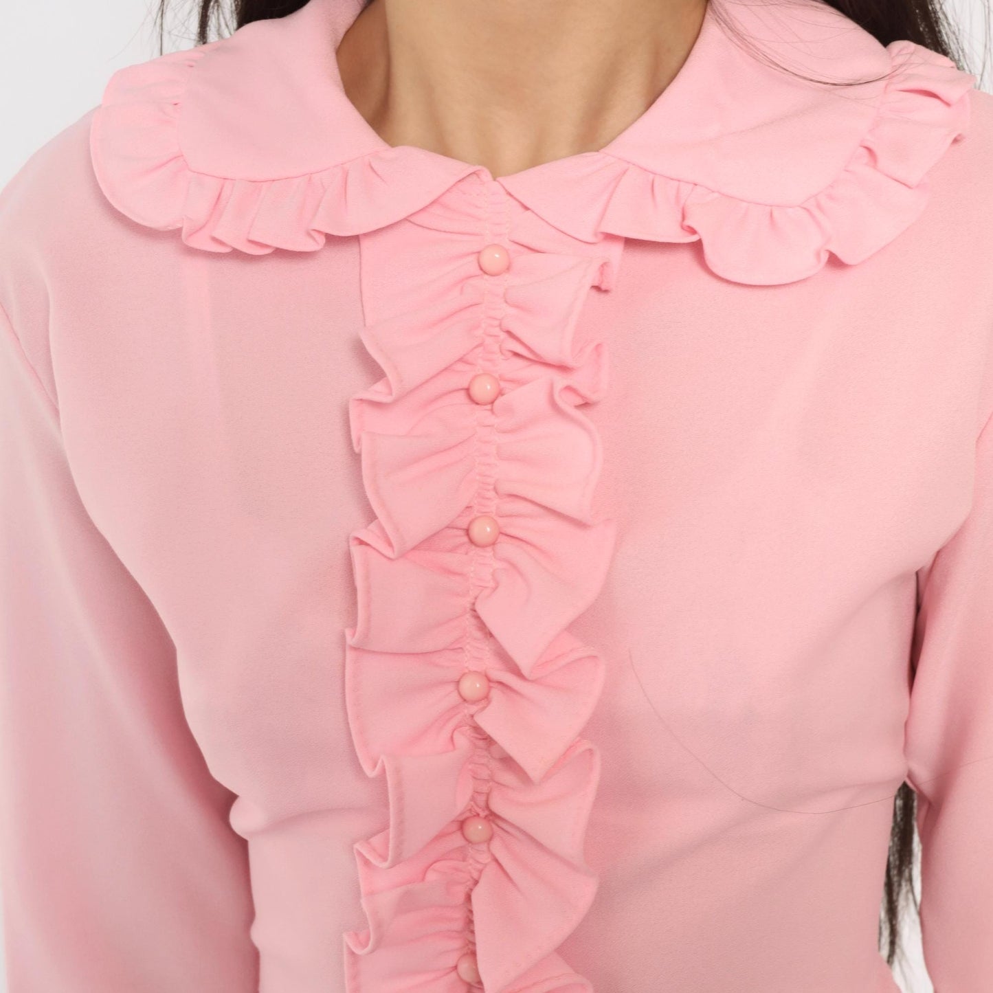 70s Pink Ruffle Bodysuit Peter Pan Collar Long Sleeve Large L