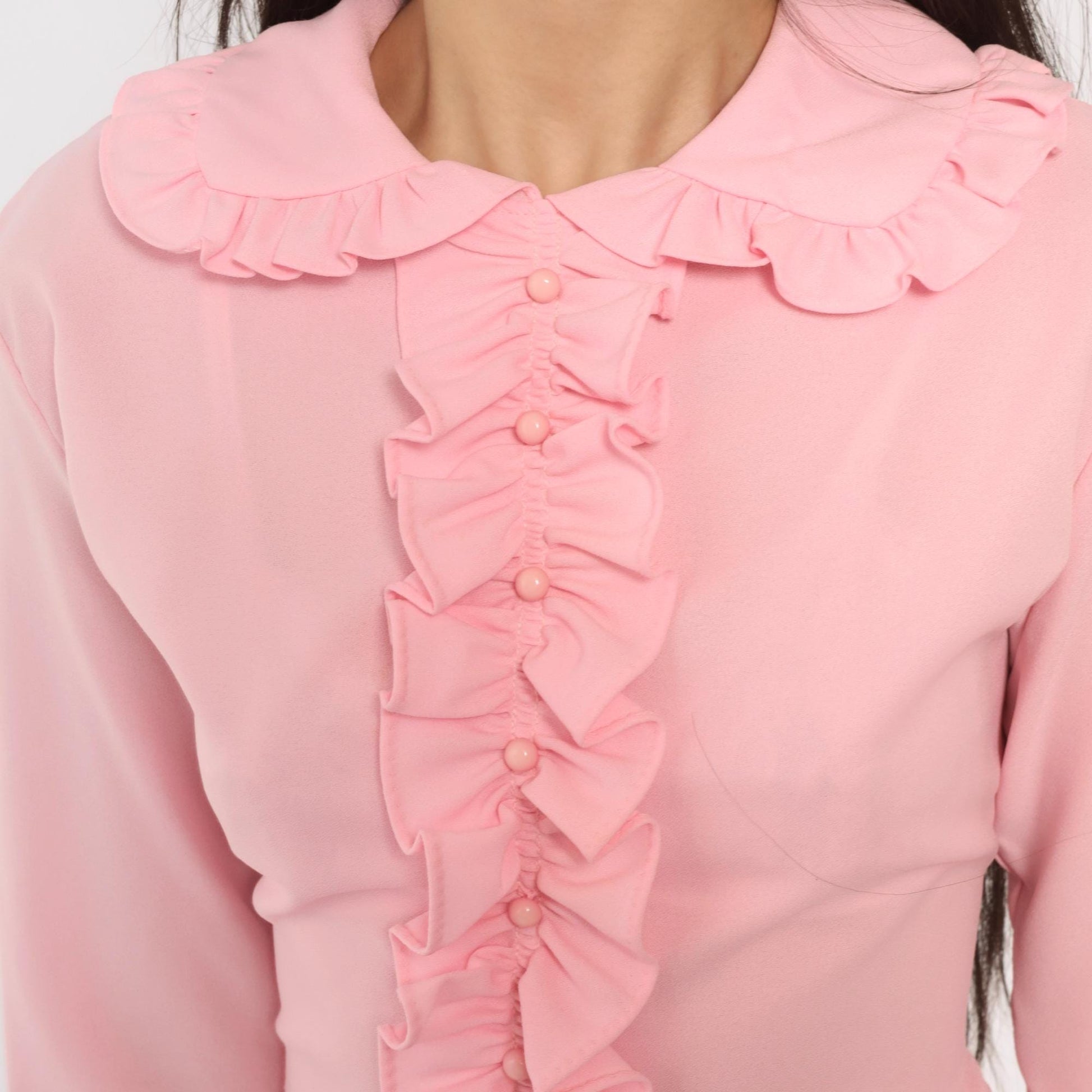 70s Pink Ruffle Bodysuit Peter Pan Collar Long Sleeve Large L