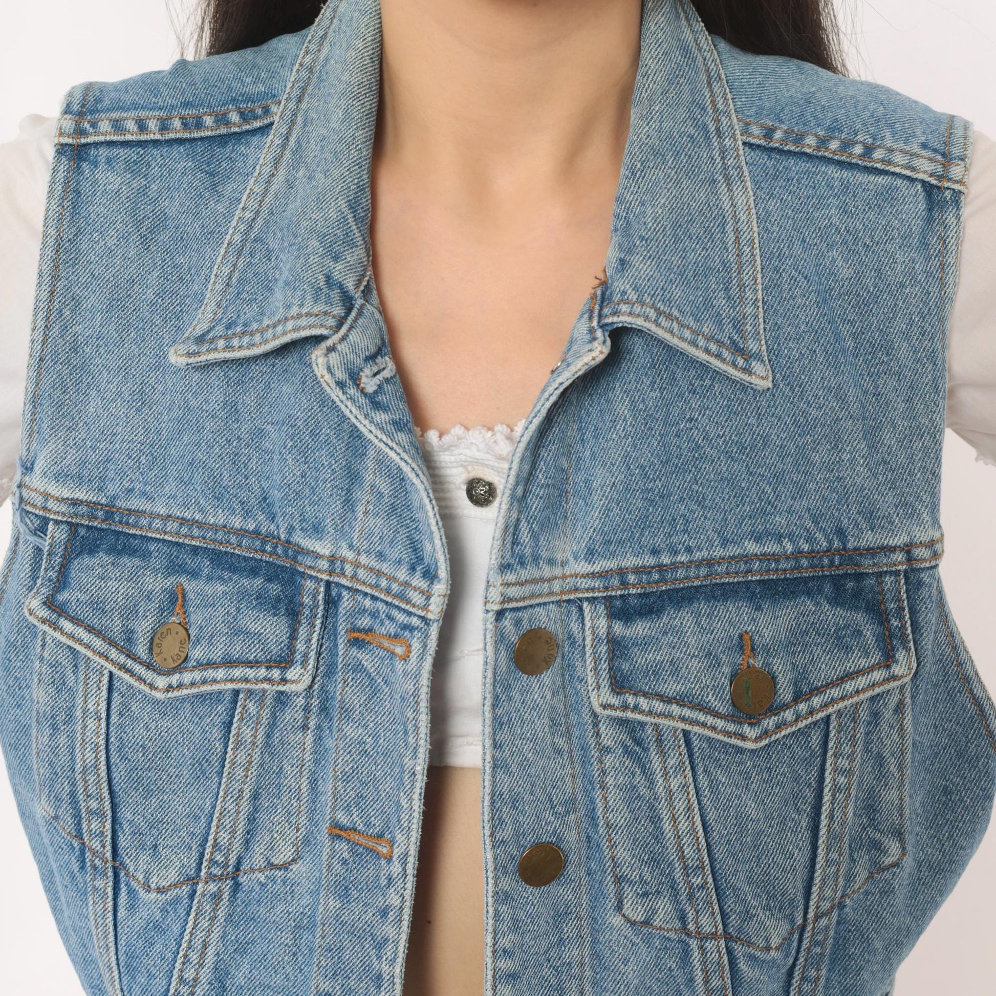 90s Karen Kane Light Blue Denim Vest Cropped Button Front Small S