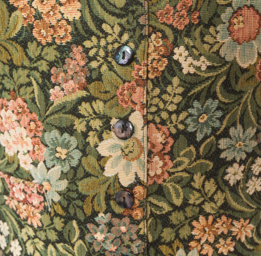 90s Di Di Scott Floral Tapestry Vest Button Front V Neck Olive Green Pink Small