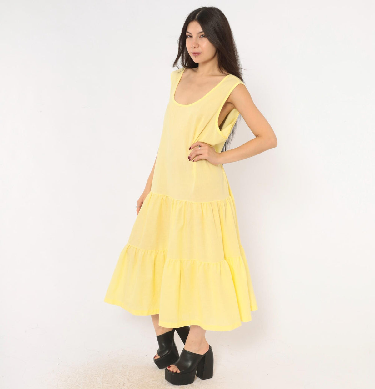 90s Butter Yellow Tiered Midi Sundress Anne Leslie Plus Scoop Neck XXL