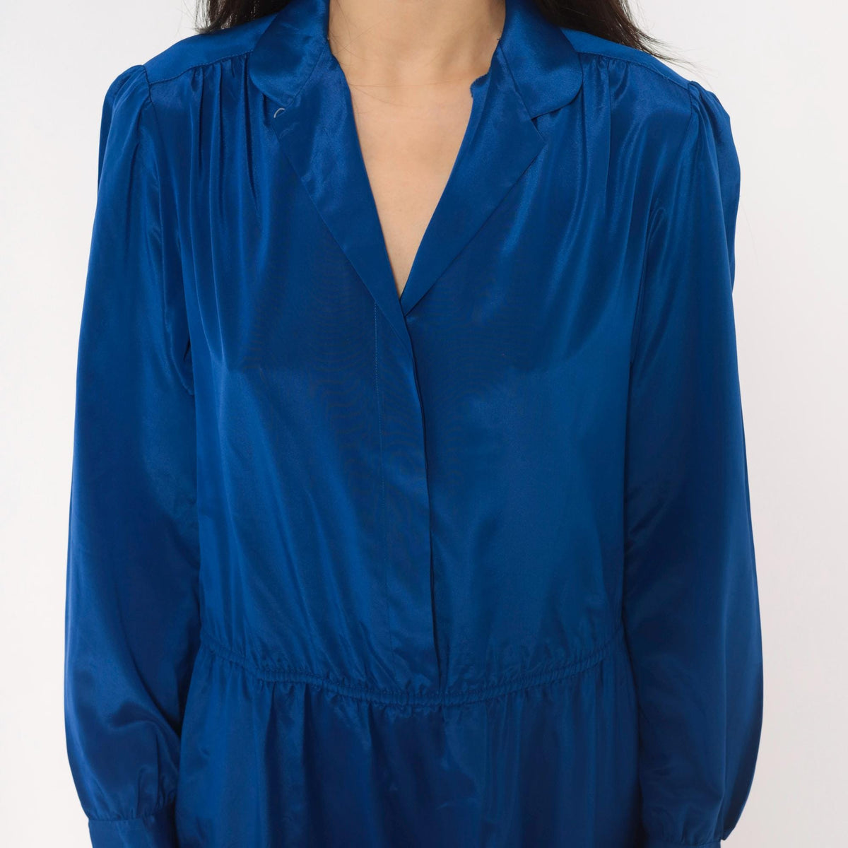 80s Cobalt Blue Satin Shirt Dress V Neck Gathered Waist Knee Length Medium M