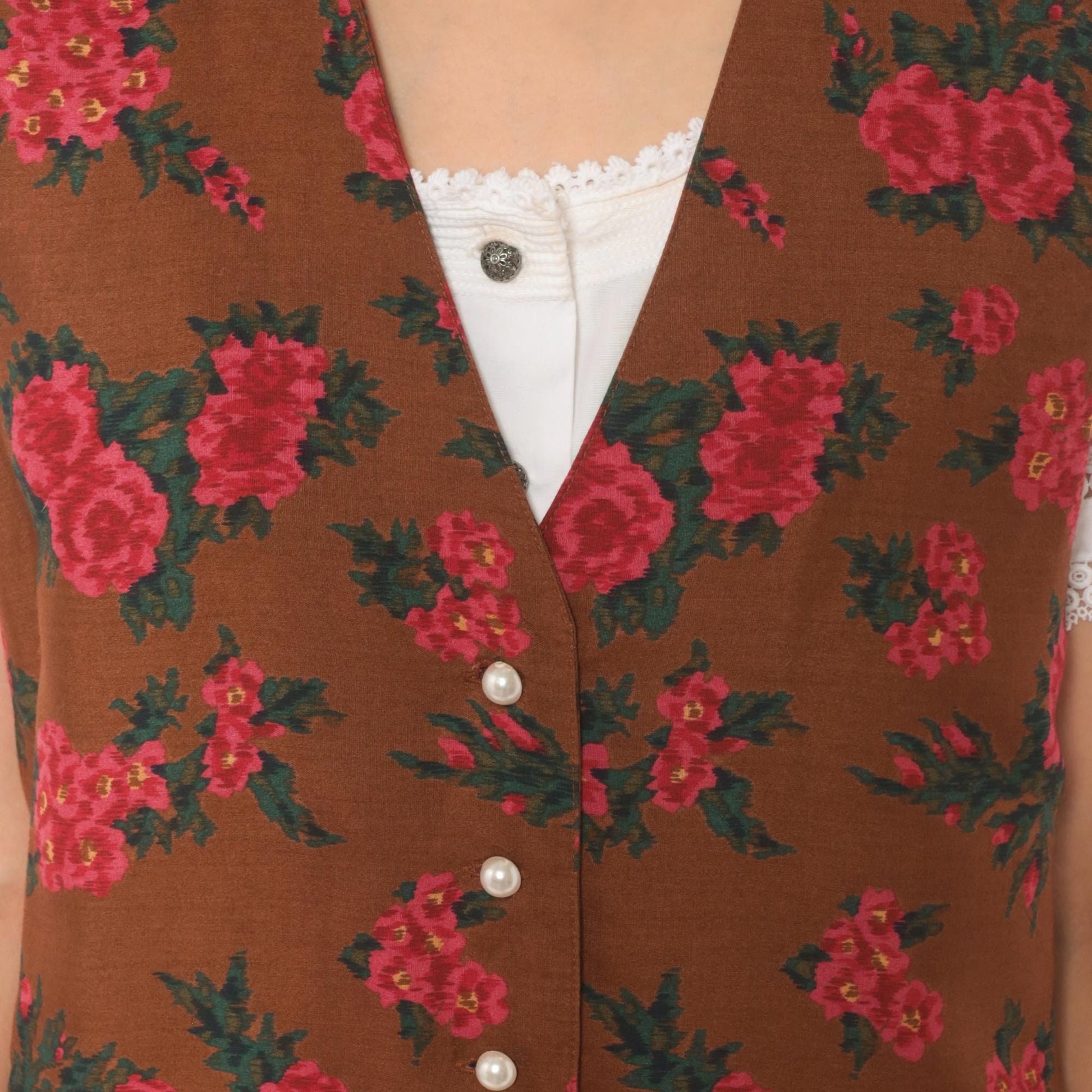 90s Karen Scott Floral Vest Brown Pink Rose Button Front Tie Back Small