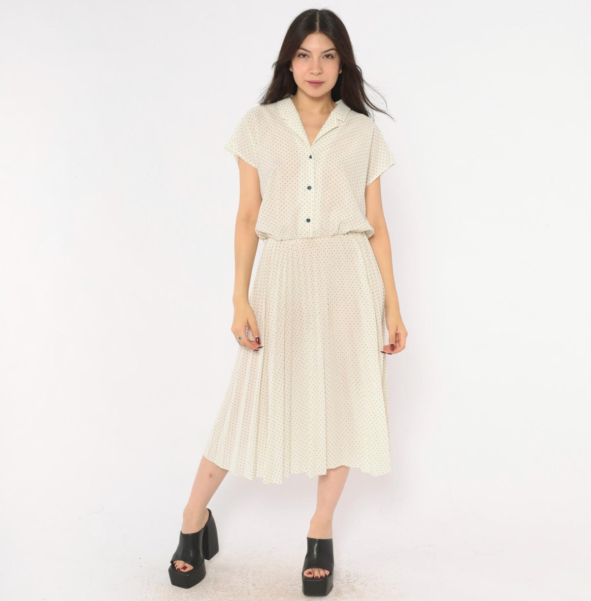 70s Promises Promises Polka Dot Dress Cream Navy Cap Sleeve Knee Length Small