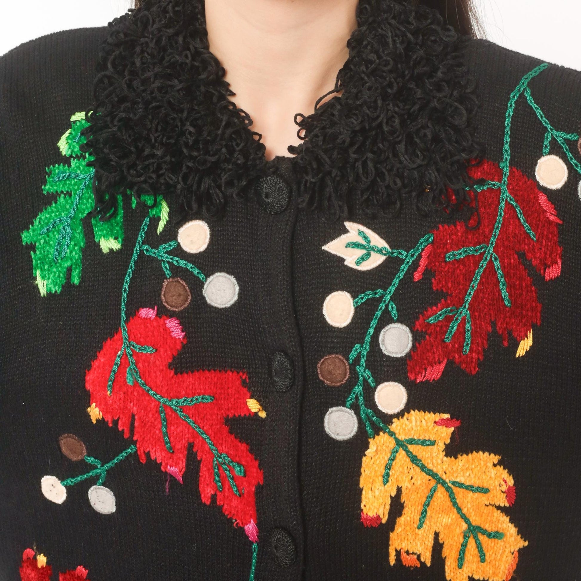 90s Victoria Harbour Black Cardigan Embroidered Autumn Leaves Large L