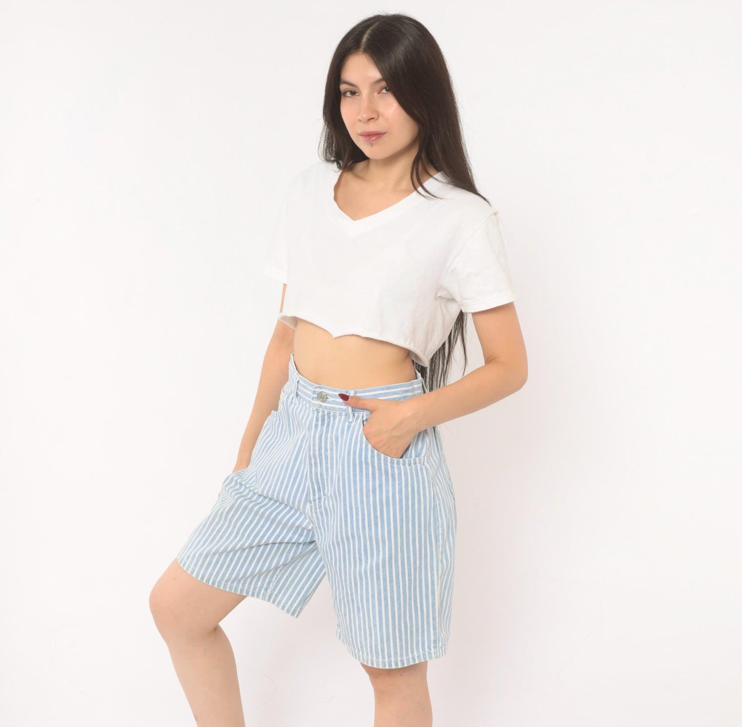 90s Lee High Waist Pinstriped Denim Shorts Blue White Bermuda Medium M