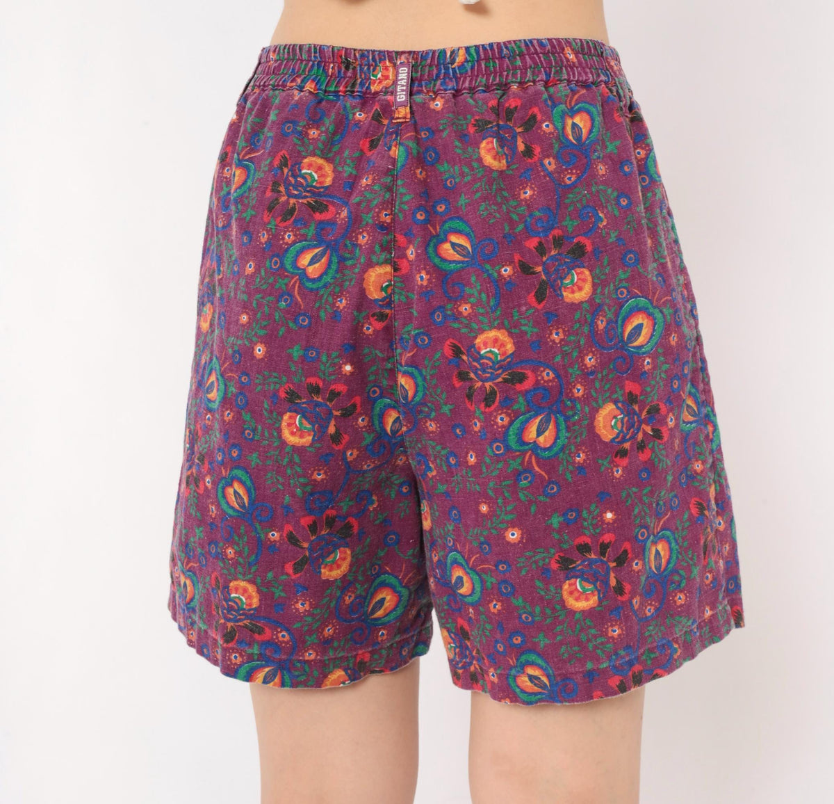 90s Gitano Purple Floral Linen Shorts High Waist Pleated Wide Leg Small