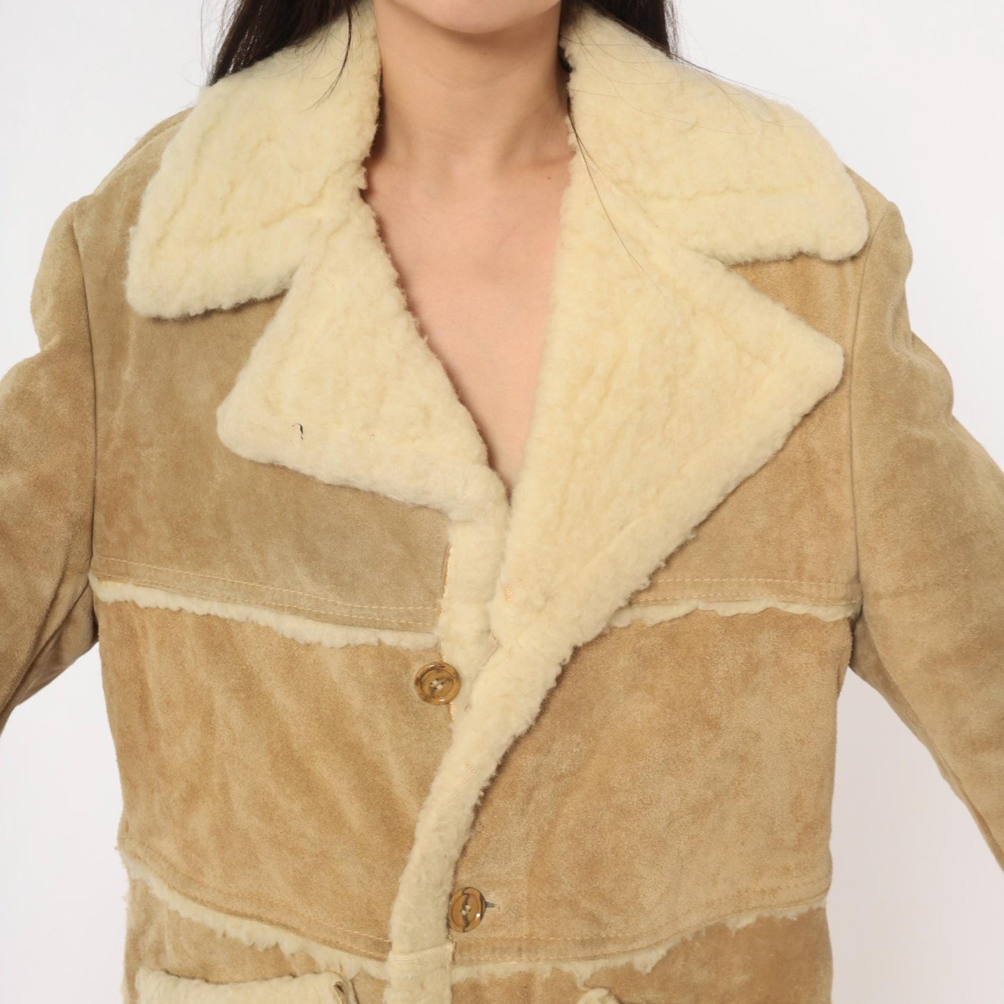 70s Tan Suede Shearling Jacket Wool Lined Cream Sherpa Collar Extra Large XL