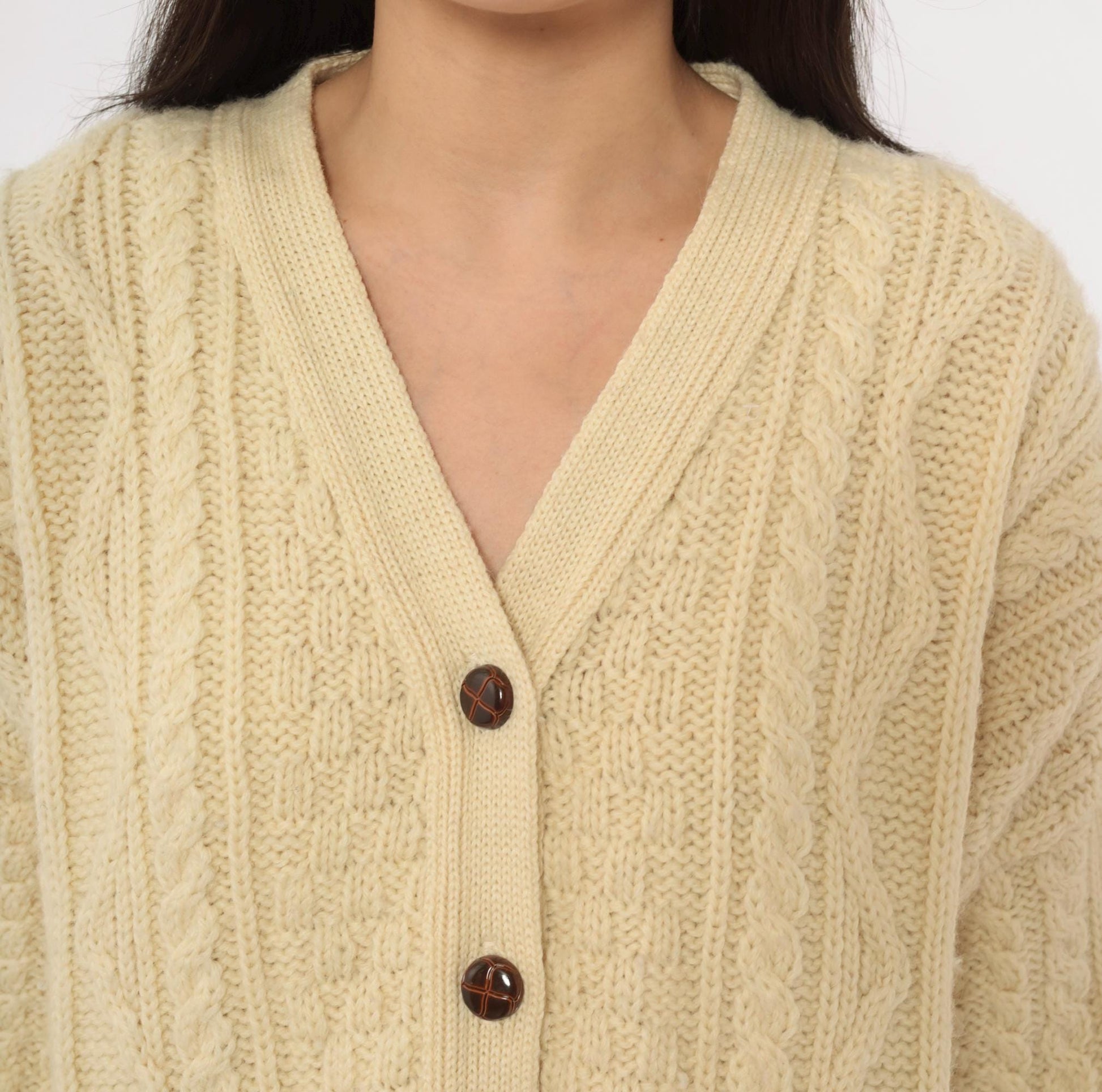 80s Celtic Country Cable Knit Cardigan Cream Wool Button Front Large L