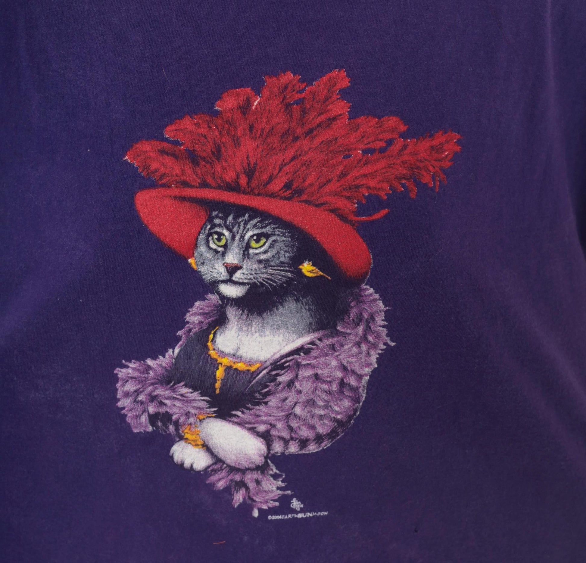 Y2K Gildan Cat Graphic Tee Purple Feather Boa Red Hat Extra Large XL