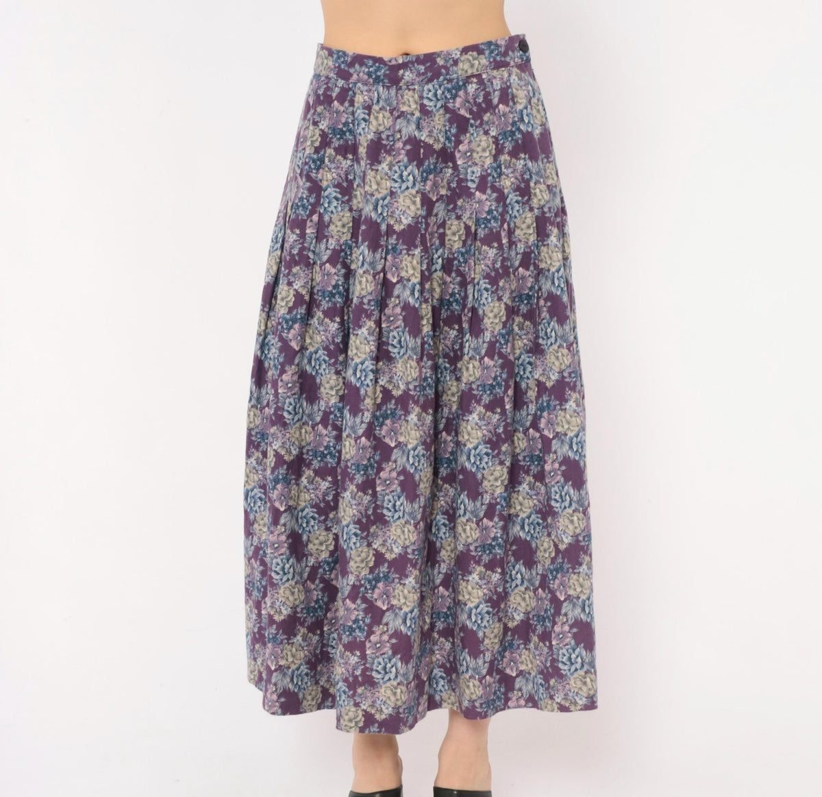 80s Laura Ashley Purple Floral Pleated Skirt High Waist Cotton Wool Small