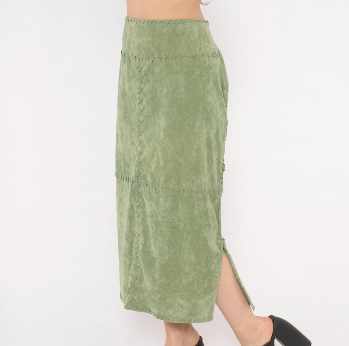 Y2K Mint Green Faux Suede Skirt Canyon Road Whipstitch Knee Length Extra Large