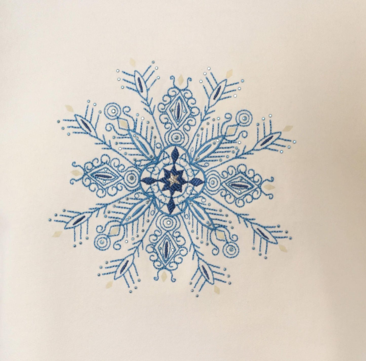 90s M&C Sportswear Snowflake Mandala Embroidered Crop Sweatshirt Cream Navy Medium