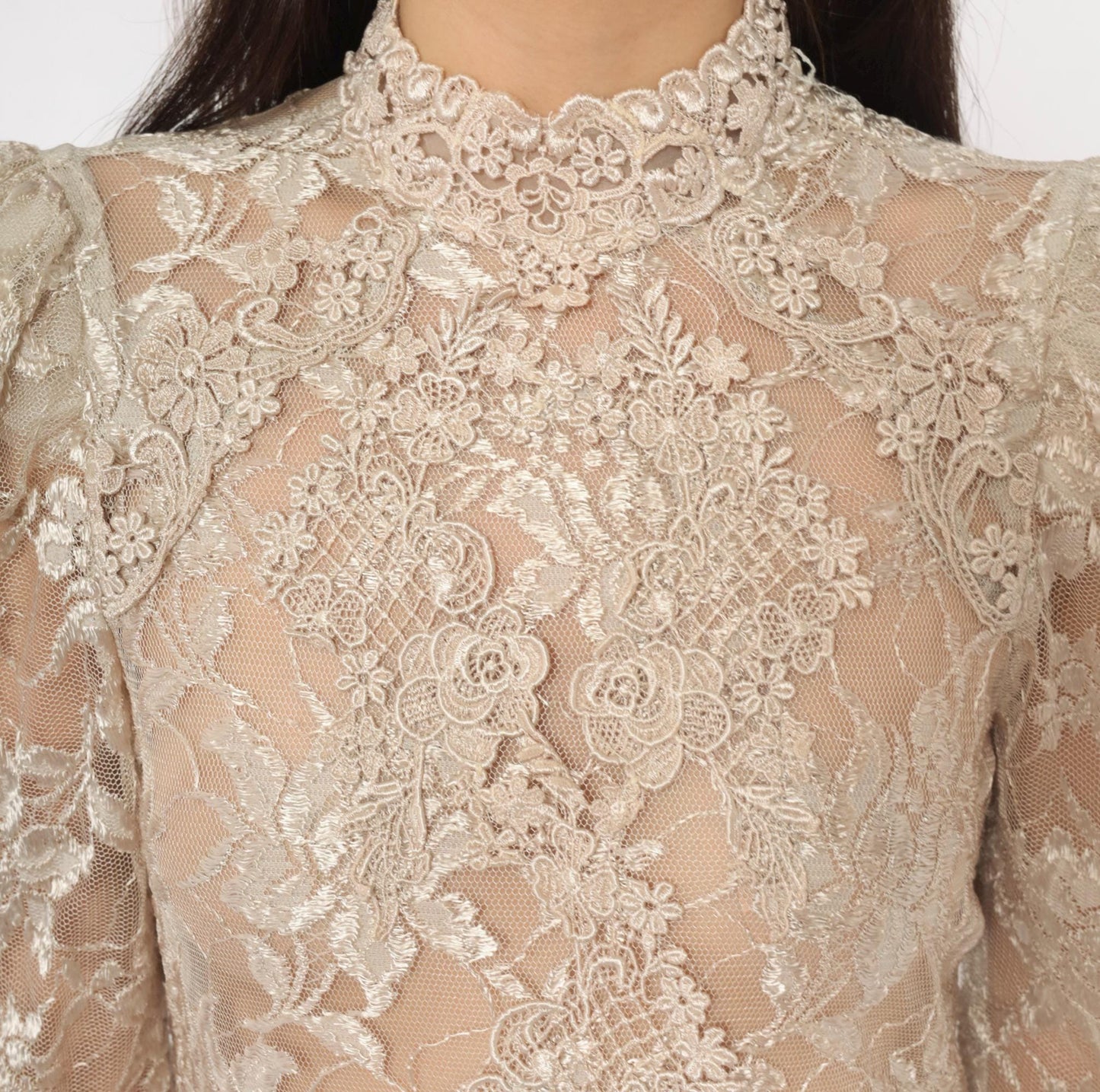 90s Cream Floral Lace Dress Pearl Button Back Puff Sleeve Small