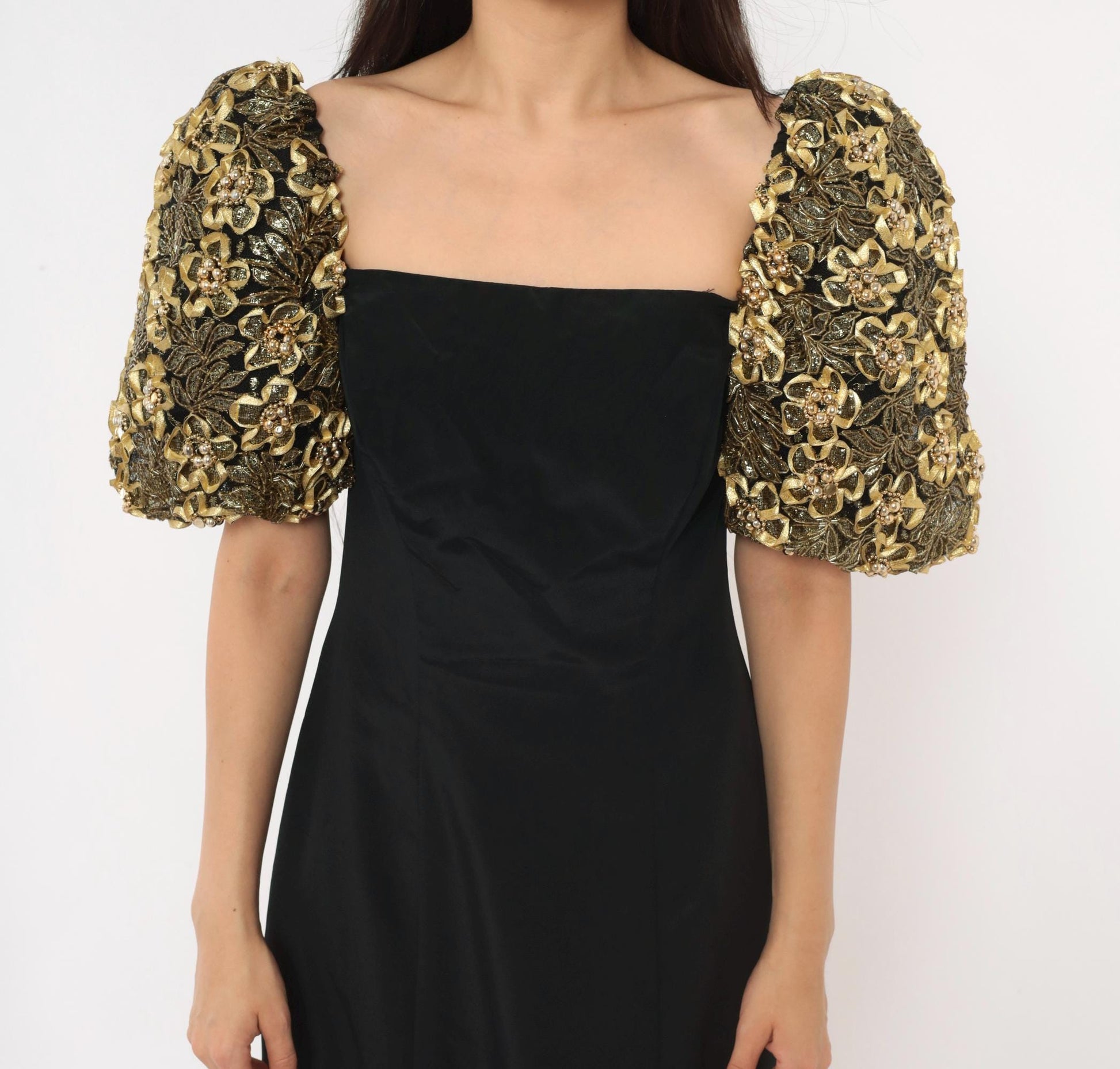 80s Eve of Milady Black Maxi Gown Gold Puff Sleeve Beaded Floral Medium
