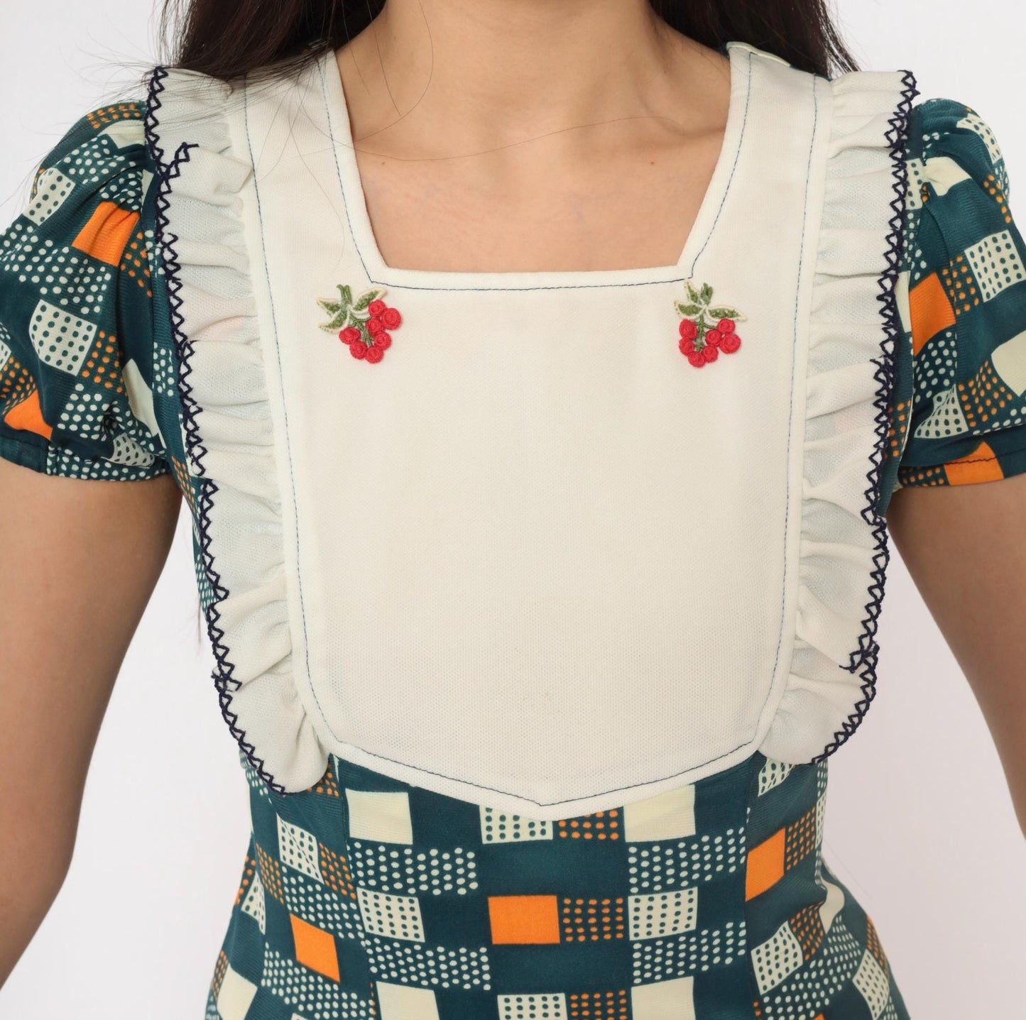 70s Navy Mini Dress Cherry Embroidered Geometric Puff Sleeve Bib Front Extra Small
