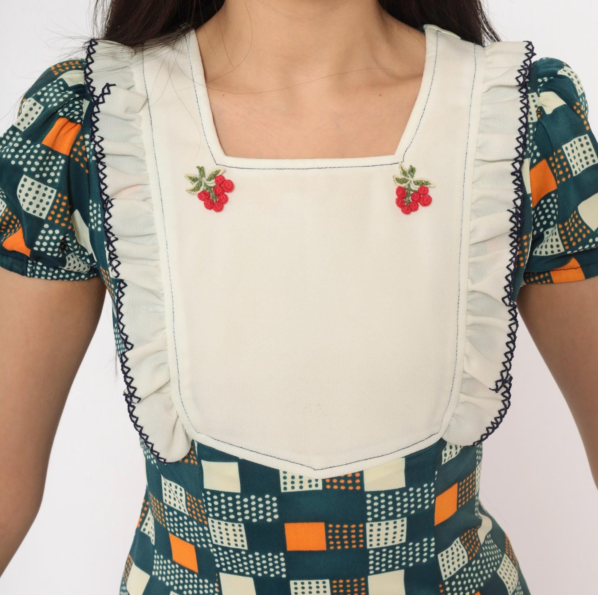 70s Navy Mini Dress Cherry Embroidered Geometric Puff Sleeve Bib Front Extra Small